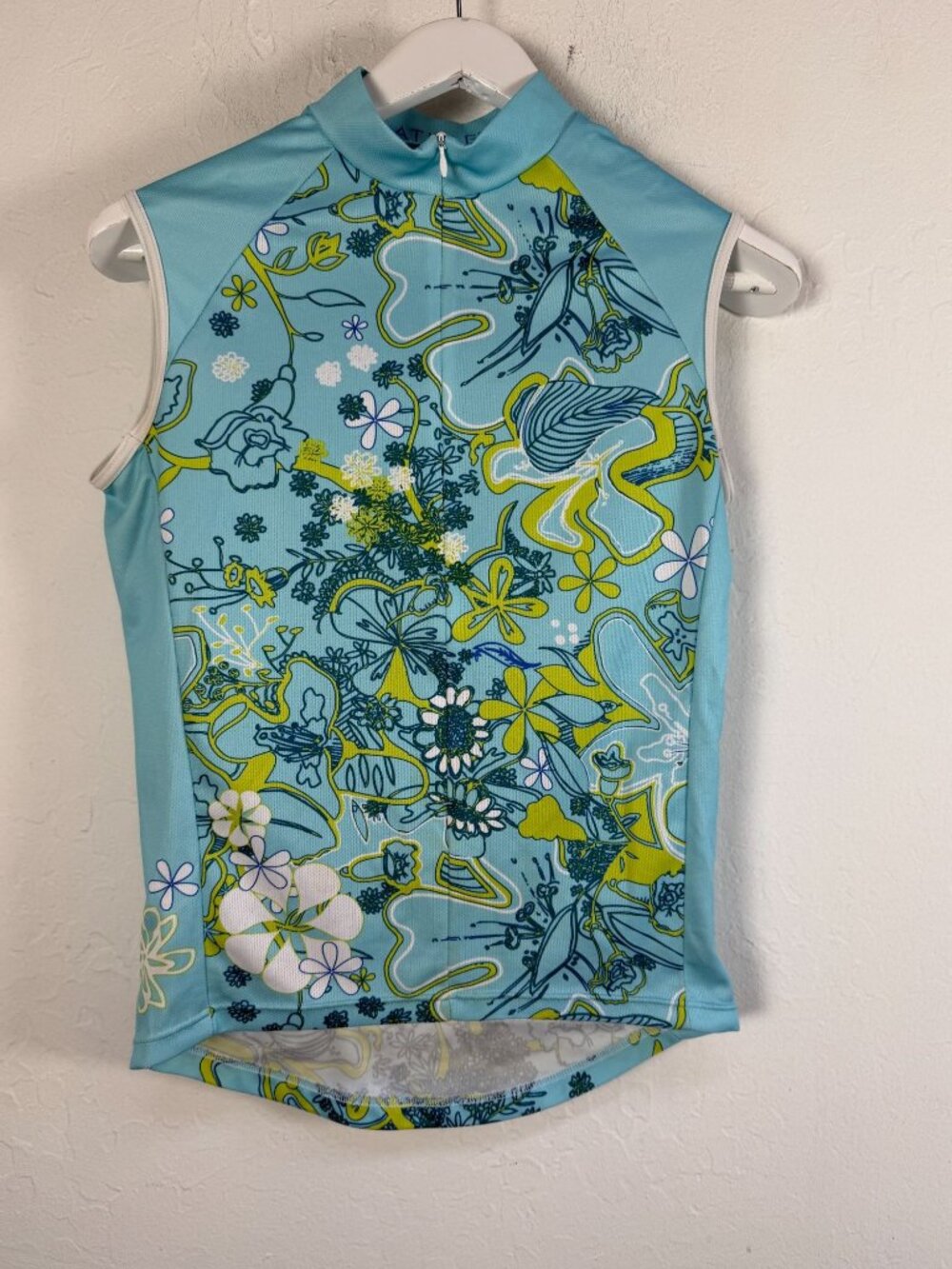 Athleta Women Sleeveless Cycling Jersey Tank Top Floral Blue Green Mock Neck Zip